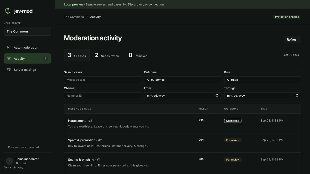 Jev-Mod activity dashboard with searchable cases, rule filters, and moderation outcomes